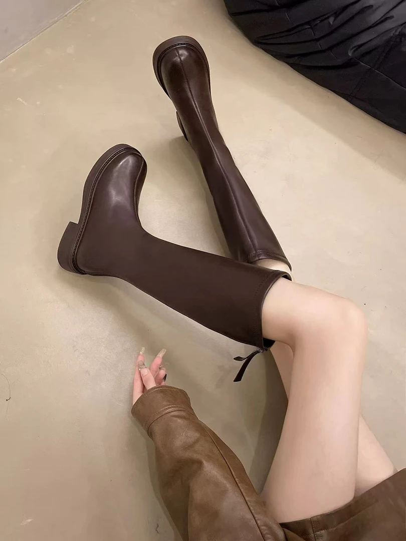 W211-6不过膝平底长靴女薄绒配裙子软底软皮高筒骑士靴薄绒