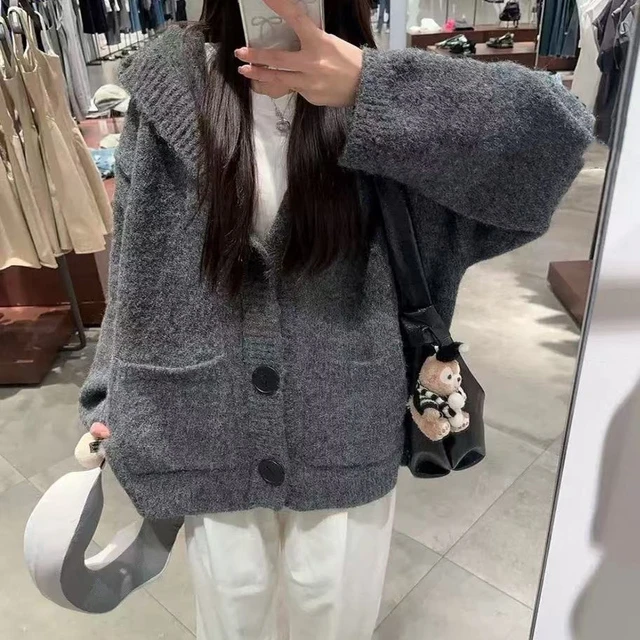 加厚版！慵懒风连帽单排扣毛衣开衫女春装新款韩版宽松针织衫外套