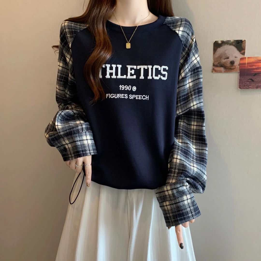 大码字母刺绣格子拼接卫衣女春秋微胖MM宽松显瘦百搭洋气抽绳上衣