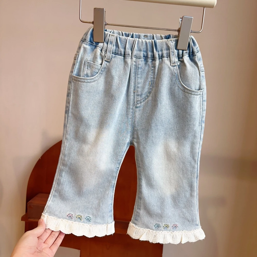 现货【公主驾到】95棉女童七分裤5634女宝百搭蝴蝶结微喇牛仔裤