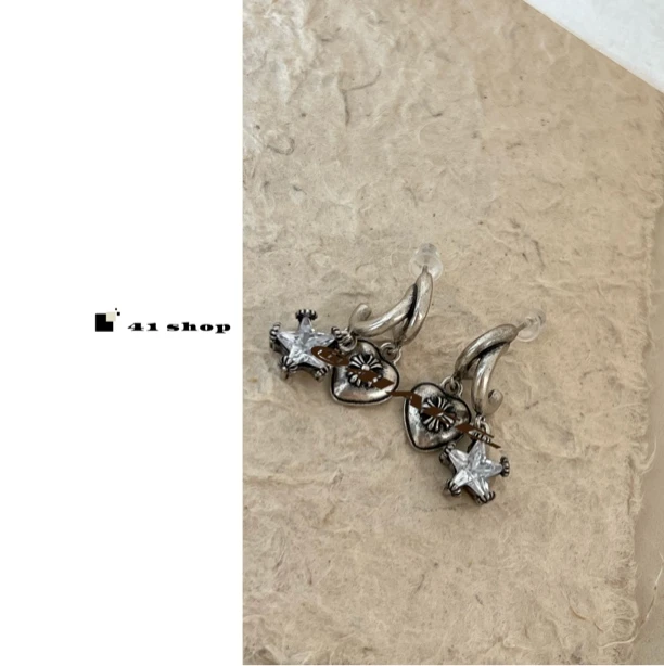 铜合金锆石耳饰 B-1  克克爱心五角星锆石交叉做旧款耳钉耳饰