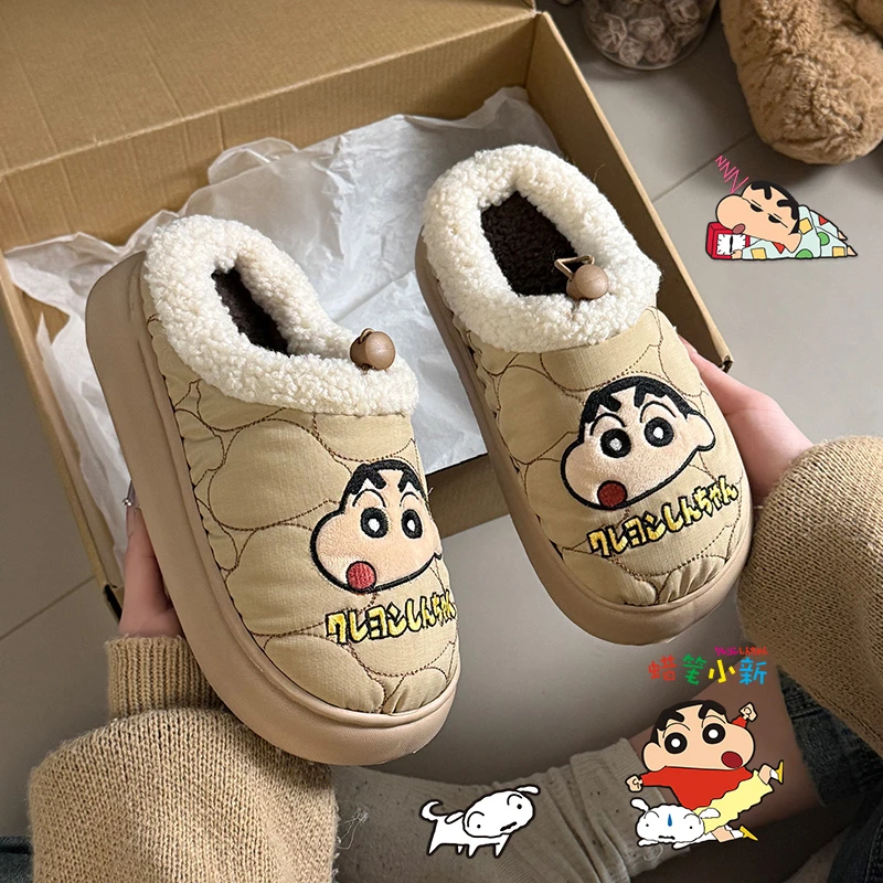 卡通正版蜡笔小新棉拖鞋女款冬季加绒保暖外穿防水防滑毛毛绒拖鞋