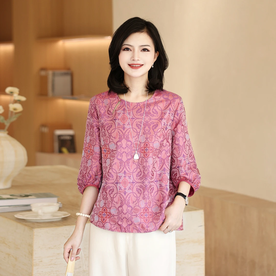 【蜀锦彩罗】阿楠anan优雅端庄圆领提花光泽感真丝衬衣轻薄国风上衣
