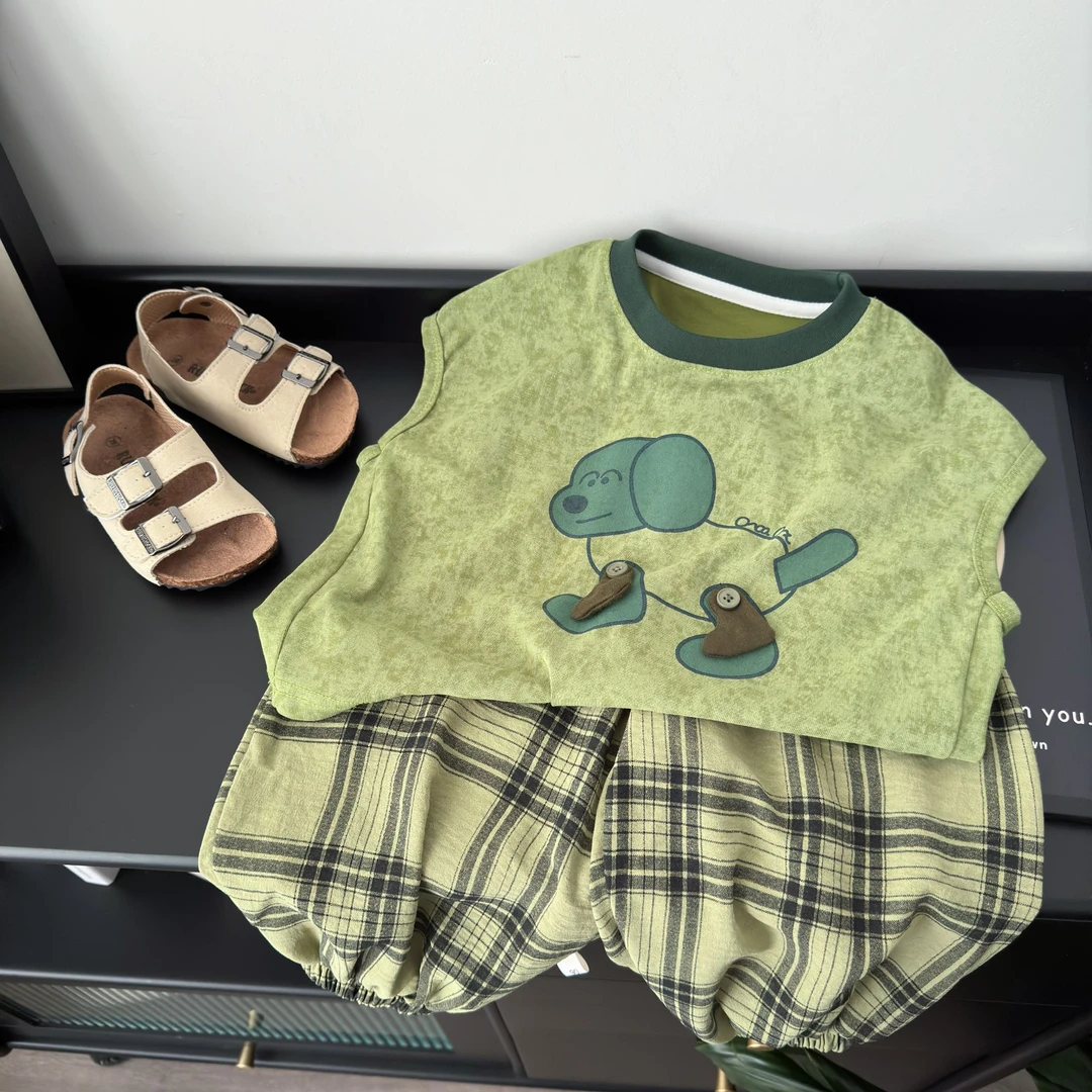 儿童背心套装2025新款男女童无袖坎肩防蚊裤两件套宽松上衣格子裤