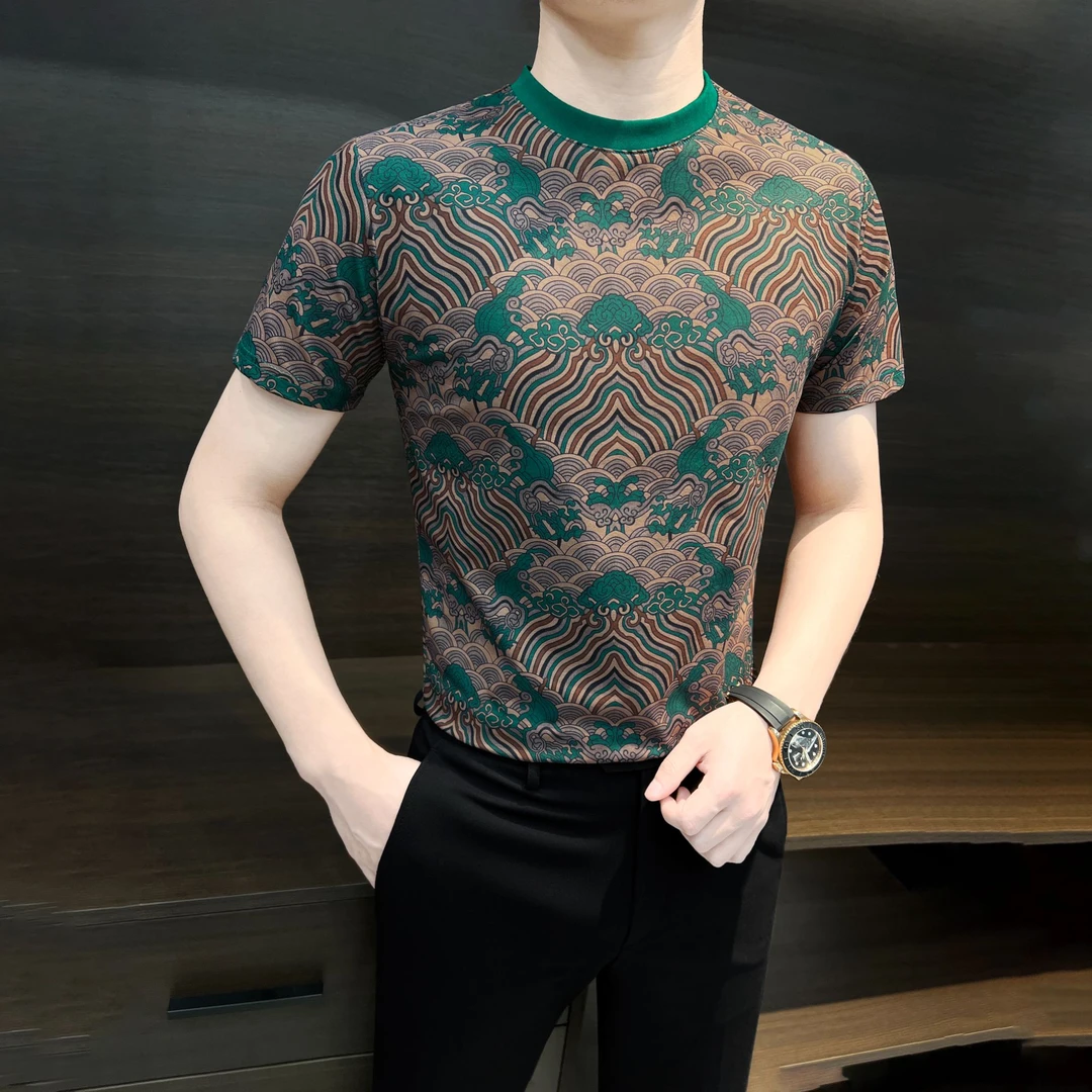 祥云印花T恤短袖男款爆款2025新款夏季高级感男装潮流男士打底衫