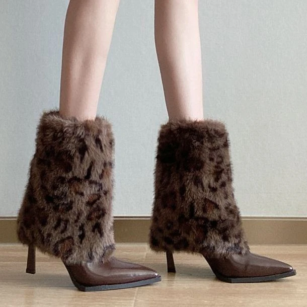 UHCK2025年新款欧美辣妹毛毛高跟靴女尖头细跟气质短靴网红豹纹裤