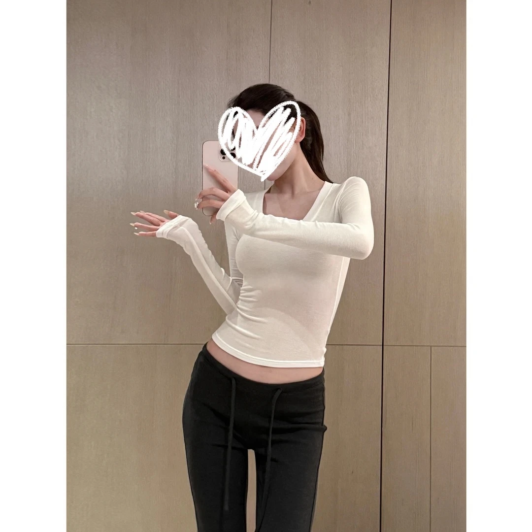 【小仙定制】“素颜美女公式”U领长袖打底纯欲收腰百搭上衣