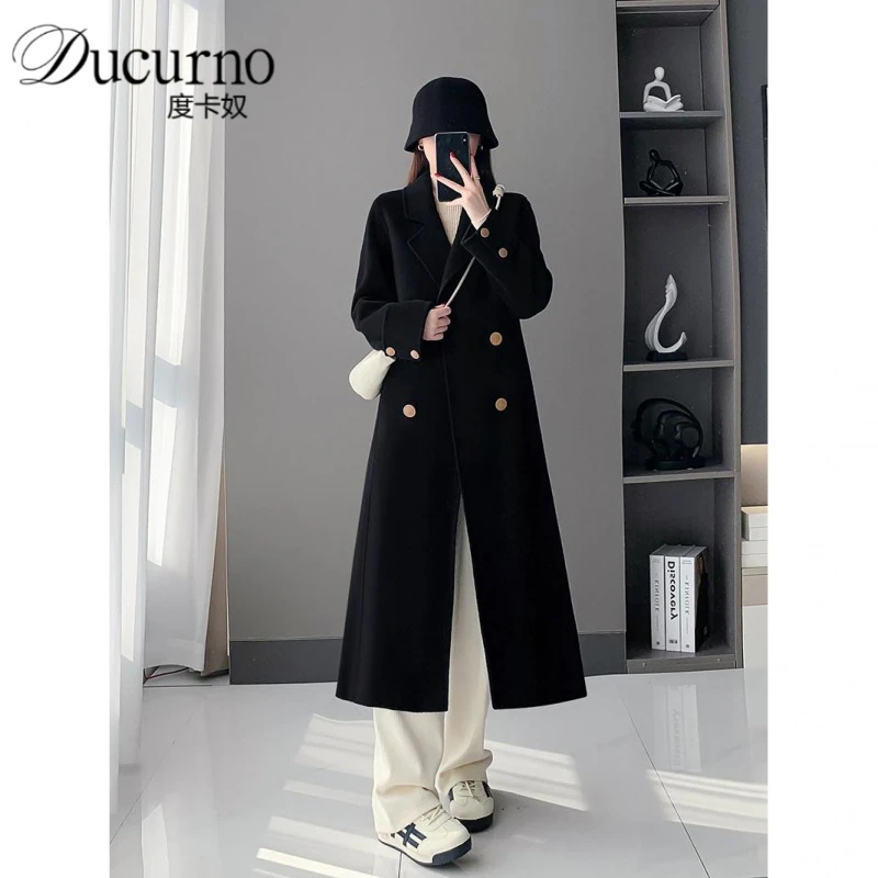 黑色高级感双面大衣女2025秋冬季新款韩版中长款毛呢子宽松外套女