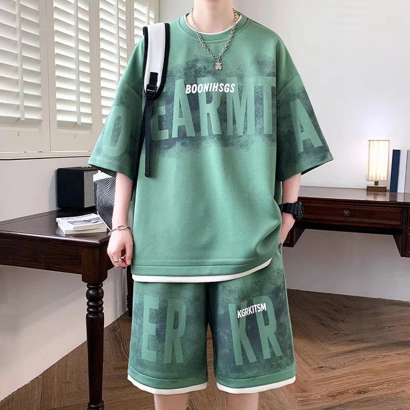 大码短袖短裤休闲套装圆领弹力夏季薄款休闲套装潮流百搭透气