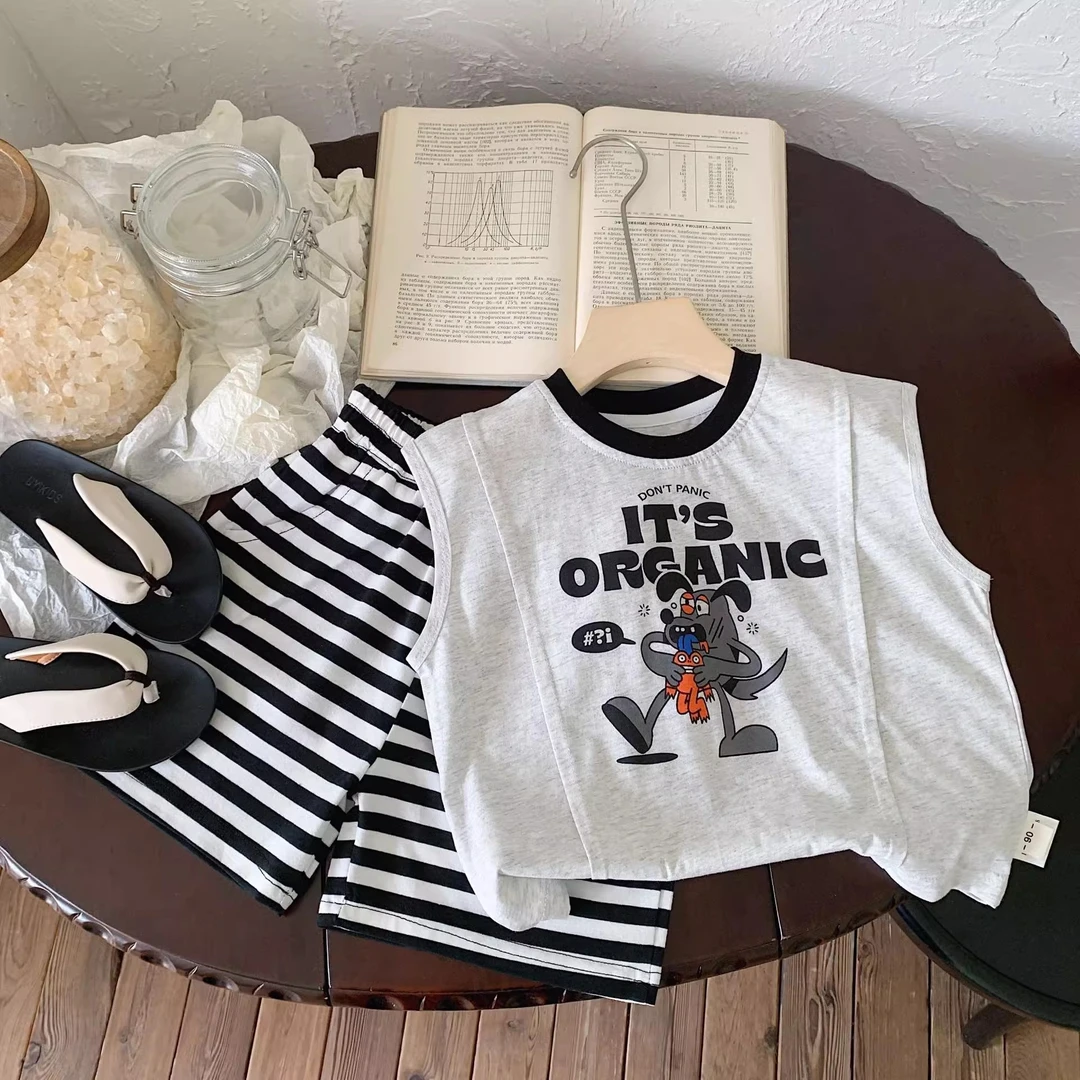 儿童夏季纯棉宽肩背心套装韩版百搭条纹俩件套卡通中小童洋气童装