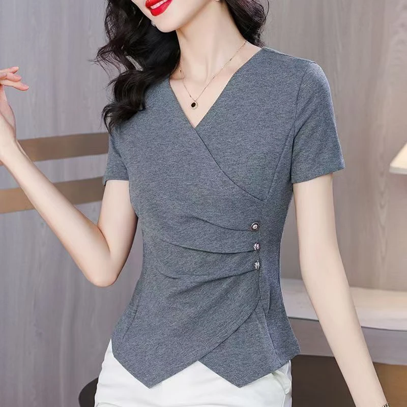 V领夏装时尚透气春夏V领弹力T恤显瘦常规气质洋气纯色韩版