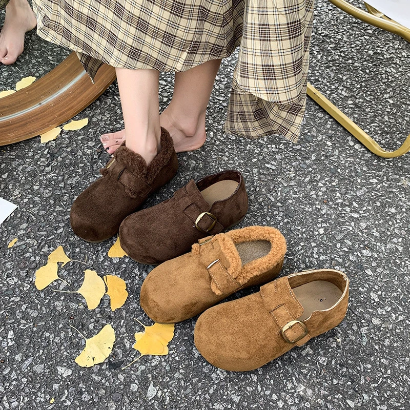平底加绒勃肯鞋2025秋冬季豆豆鞋雪地靴棉鞋女鞋面包鞋外穿毛毛鞋