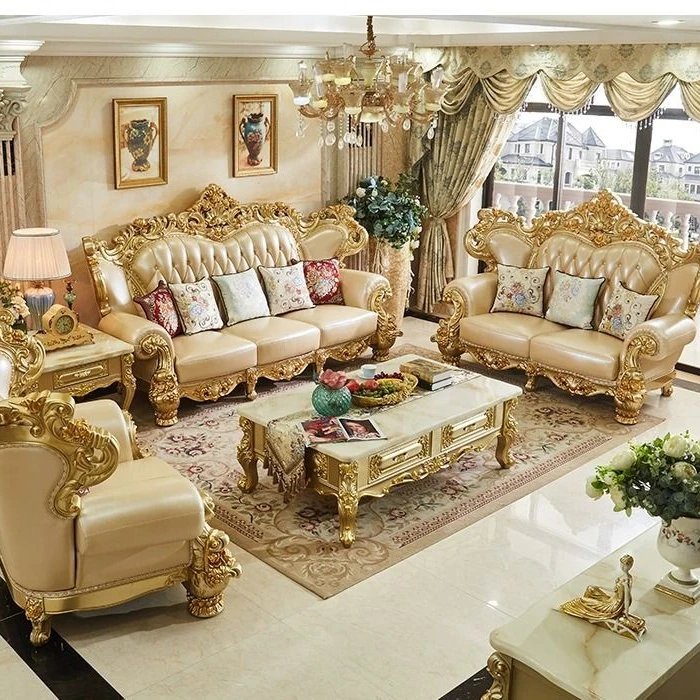 欧式实木沙发头层牛皮123组合豪华别墅高端户型双面雕花全套家具
