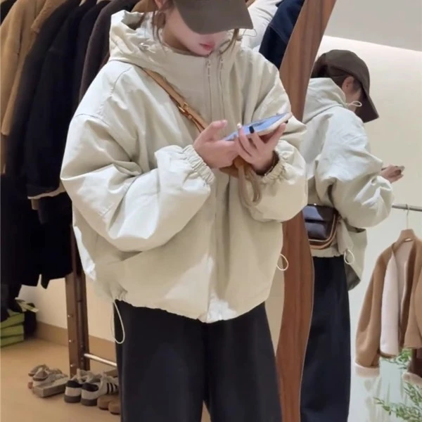 韩系时尚抽绳夹棉连帽冲锋衣外套女2025秋冬宽松休闲加厚保暖棉服