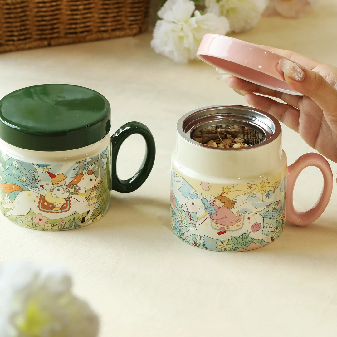 蓝莲花杯子陶瓷水杯带盖家用喝水马年办公室早餐杯高颜值情侣对杯