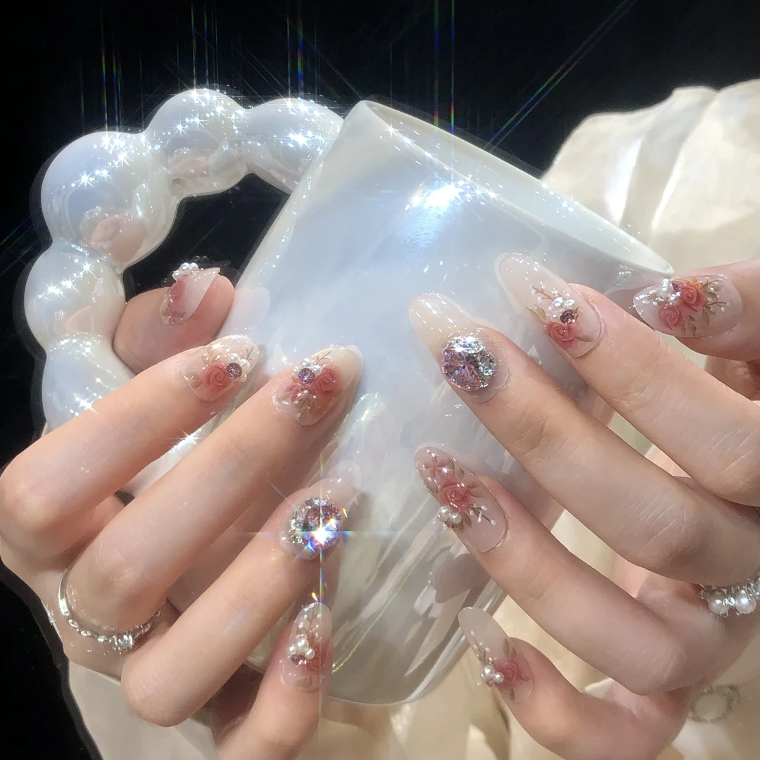 喵公子【玫瑰星光】【施家全华钻】纯手工穿戴甲可拆卸美甲光疗甲