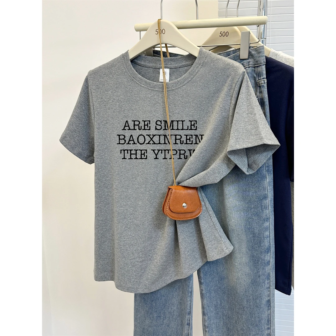 韩版字母印花休闲正肩短袖t恤女2025夏季新款大码胖MM显瘦上衣