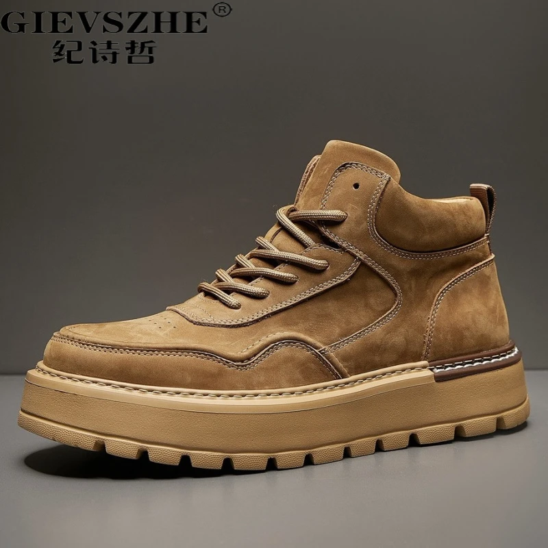 纪诗哲时尚潮流短靴男真皮厚底加绒高帮休闲板鞋复古厚底高帮男鞋