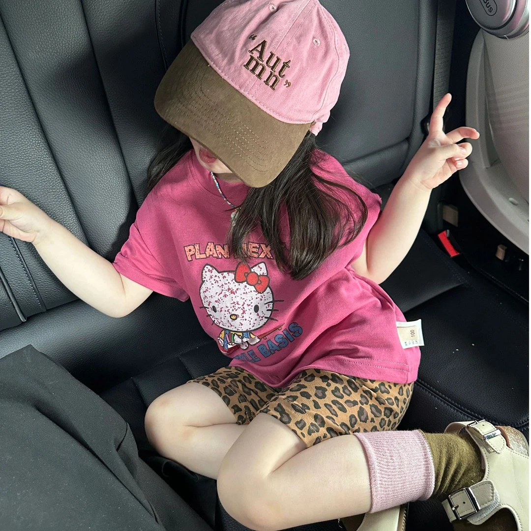 现货】壹妈夏新款童装女童套装洋气休闲卡通猫短袖T恤豹纹短裤服装