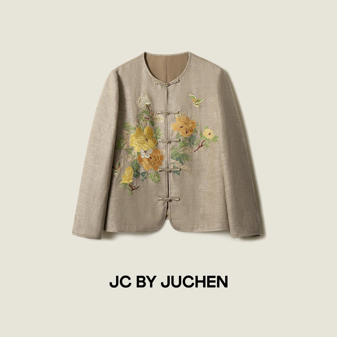 “花间锦时”精工国风刺绣金线亚麻中式对襟盘扣外套FW102003-184