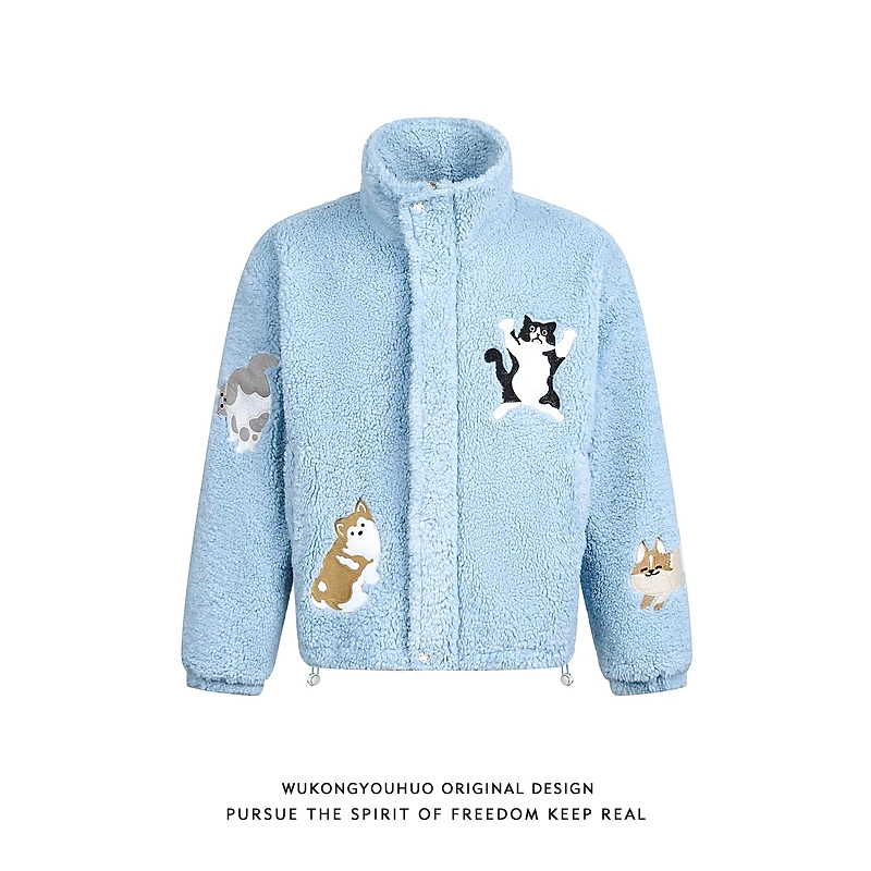 悟空有货冬季趣味猫咪羊羔绒立领棉衣男潮牌宽松毛绒保暖棉服外套