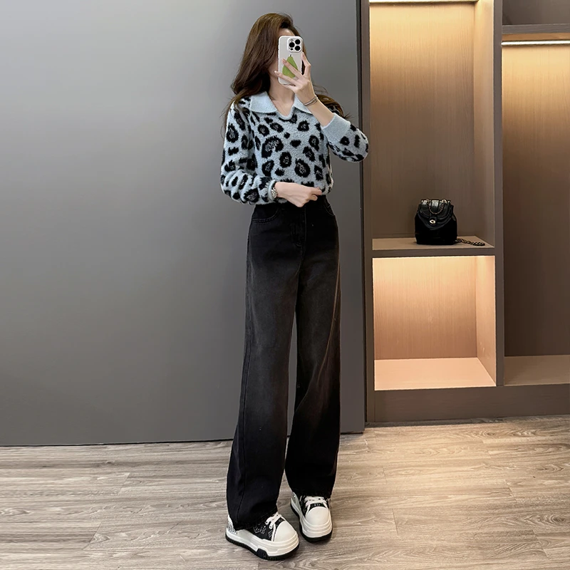 时尚设计感蓝色翻领复古豹纹上衣黑色高腰牛仔长裤百搭两件套潮