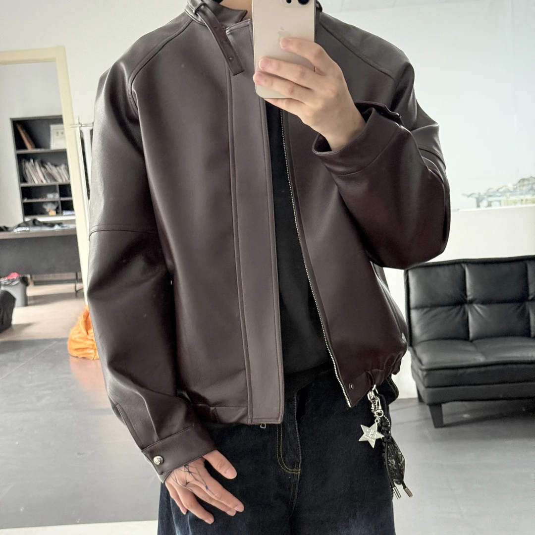 EXKYLIN酒红色帝王皮衣原创设计师款boxy版型男女同款