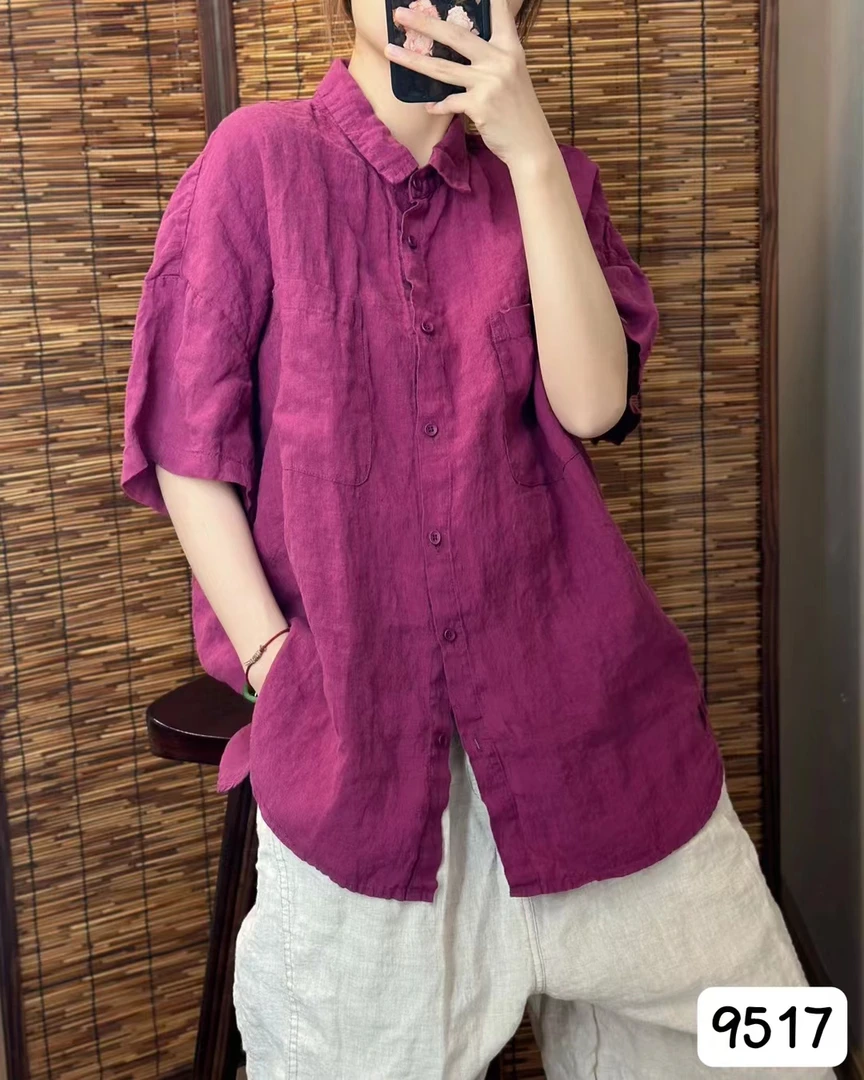 宽松显瘦百搭百分之百汉麻衫衬短袖