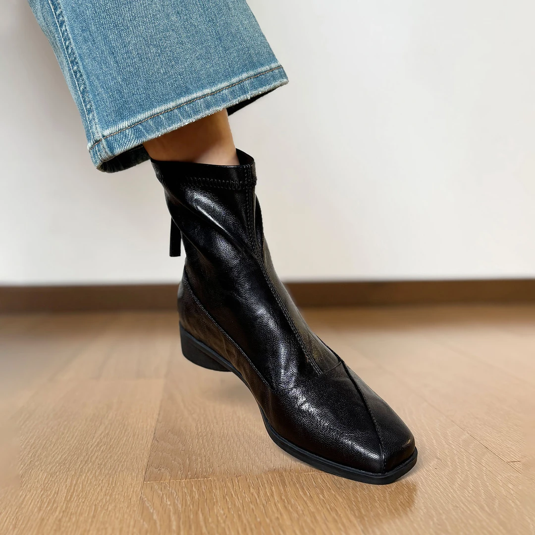 羊皮~静音底短靴女2025年秋冬新款气质方头软底舒适平底瘦瘦靴女