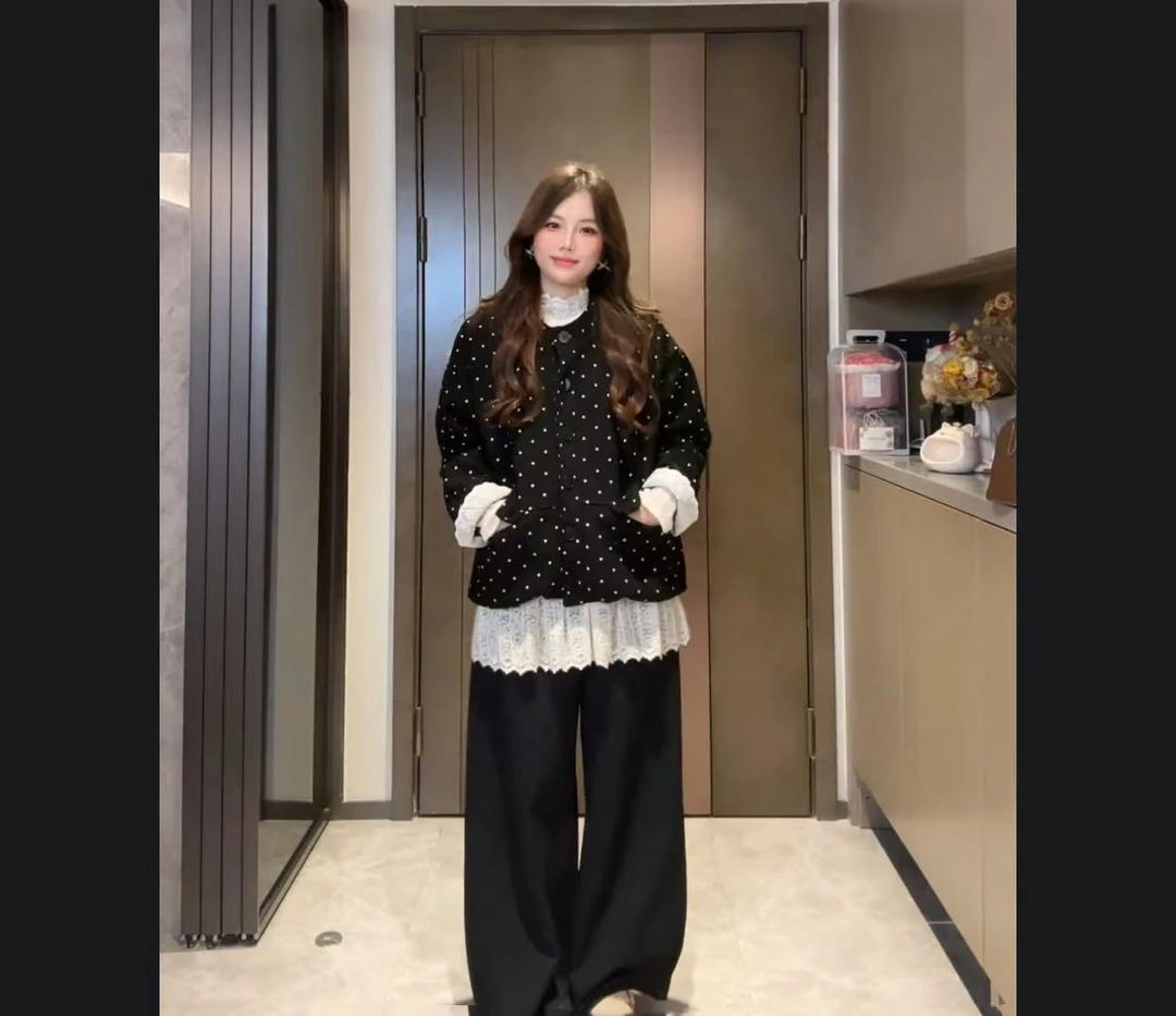 时尚套装长袖常规款女秋季厚款森系短外套立领落肩袖单排扣两件套