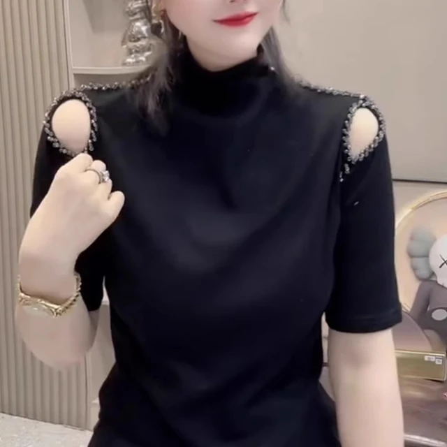 2025春夏款大码装半高领露肩钉珠短袖T恤女修身显瘦内搭上衣服女