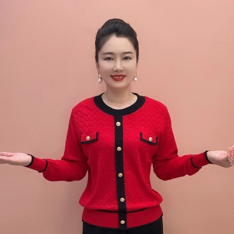 新款妈妈毛衣香风圆领套头针织衫时尚洋气长袖上衣百搭打底衫