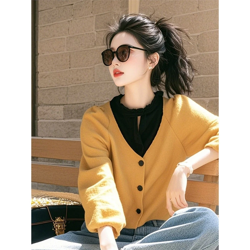 2025春秋新款爆款漂亮小衫洋气独特超好看姜黄色拼接假两件上衣女