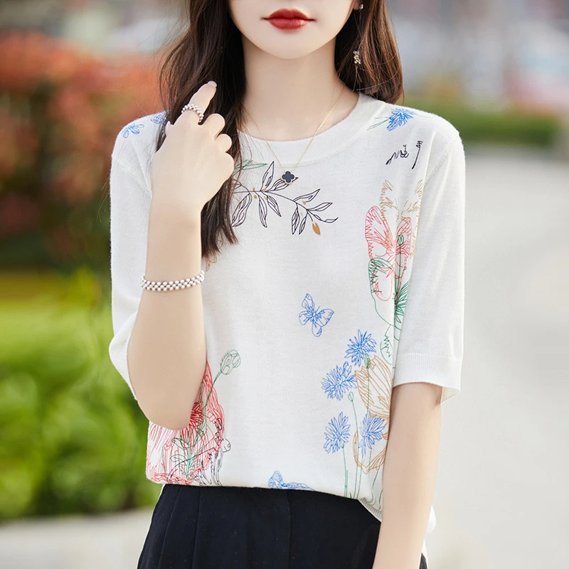 轻奢柔软桑蚕丝蝴蝶印花圆领短袖女式圆领针织T恤衫
