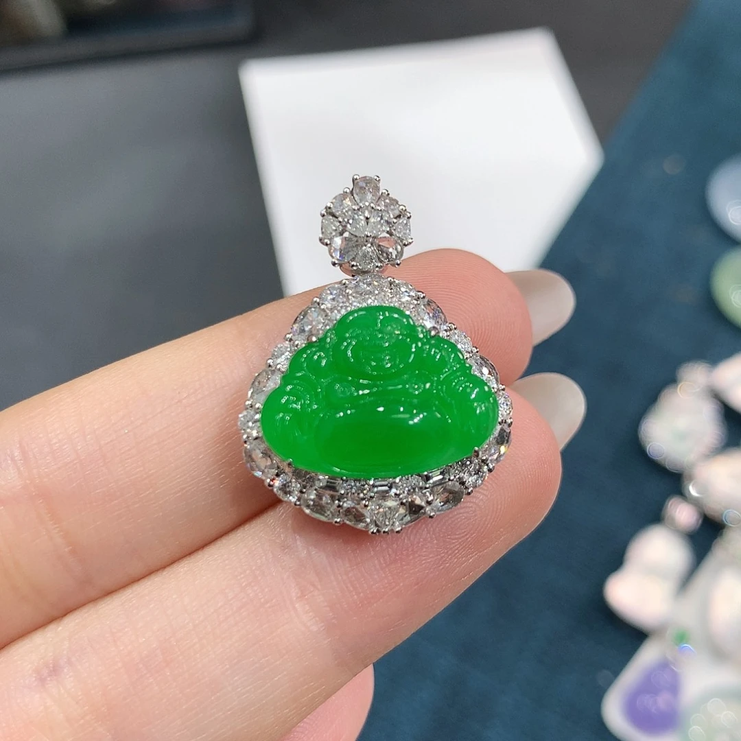 翡翠18K金镶嵌颈饰冰润正阳绿佛公 48小时鉴赏期