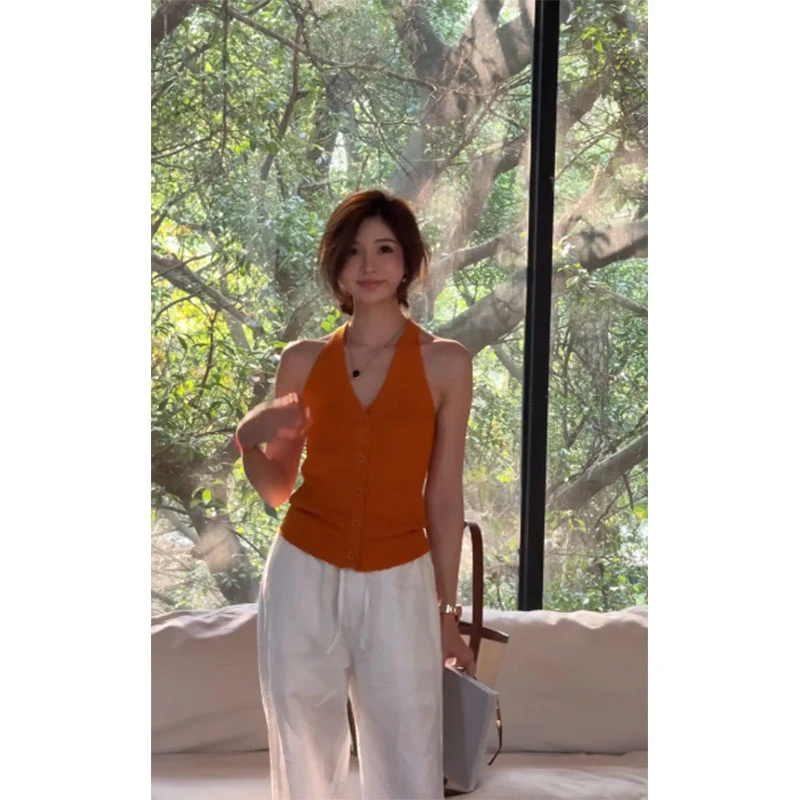 盐系气质甜美风修身百搭挂脖吊带背心上衣高腰宽松直筒垂感阔腿裤