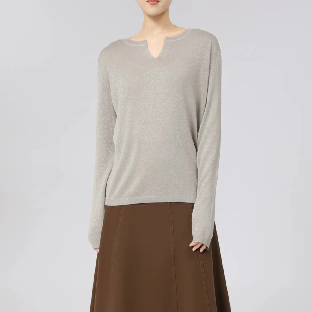 AMASS/阿玛施新款慵懒风纯色V领时尚百搭中长款长袖T恤538029