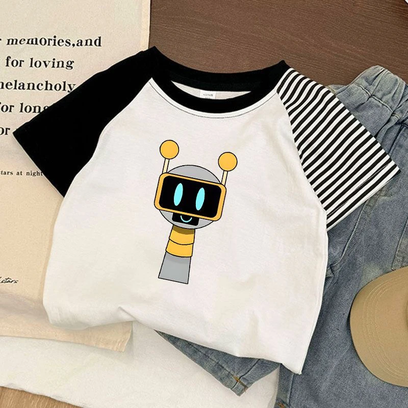 音乐节奏盒子儿童短袖t恤百搭条纹夏季纯棉中小男女童童装上衣潮