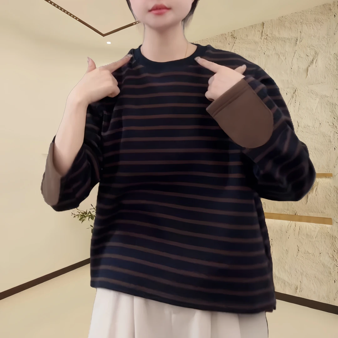 2025春夏款经典条纹撞色套头圆领卫衣时尚显瘦宽松上衣百搭长袖衫