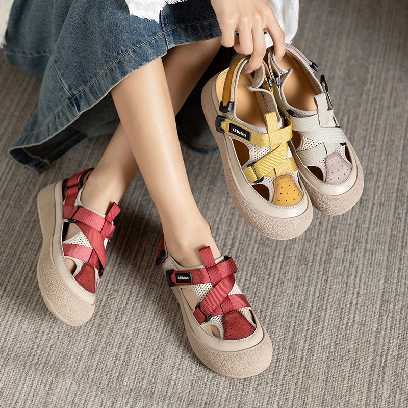 2025夏季新款复古真皮网面休闲鞋头层牛皮镂空户外女鞋运动凉鞋