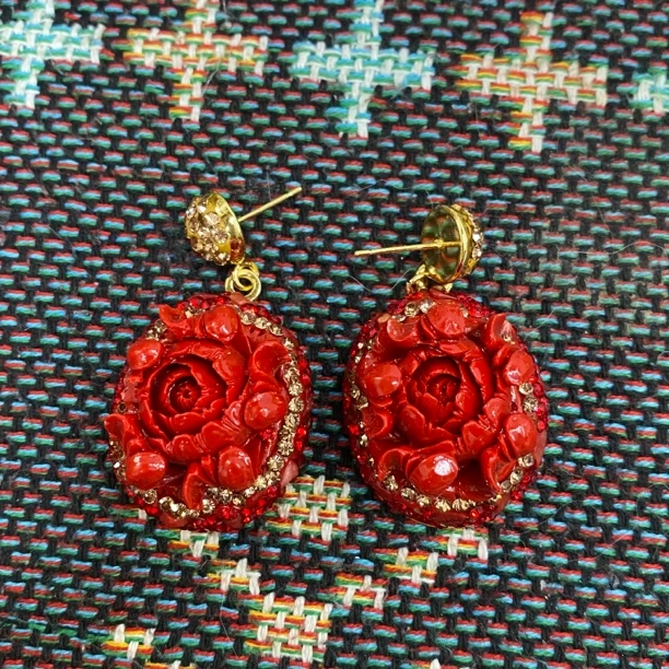 铁合金合成锆石耳饰 TTSD 红色牡丹花时尚百搭耳饰 768