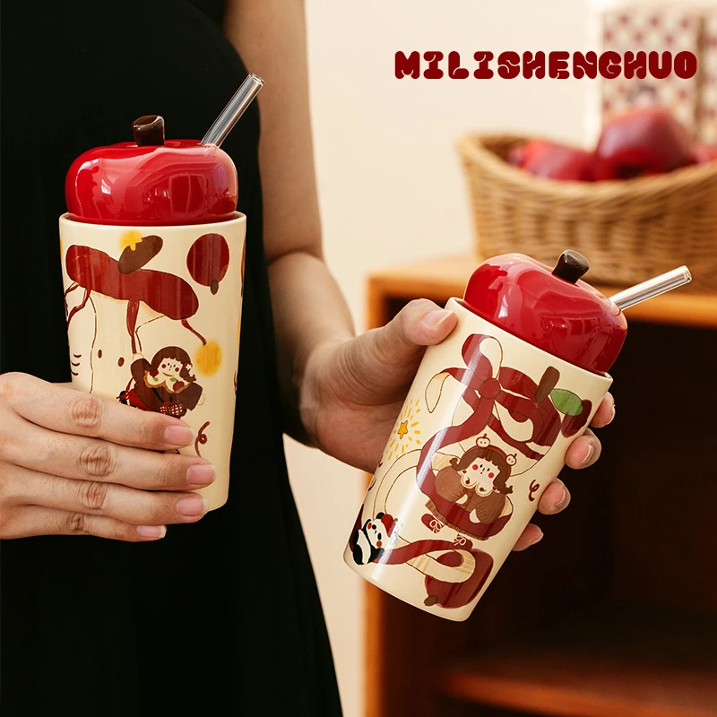 圣诞礼物苹果陶瓷水杯吸管杯可爱马克杯女生杯子高颜值早餐杯带盖