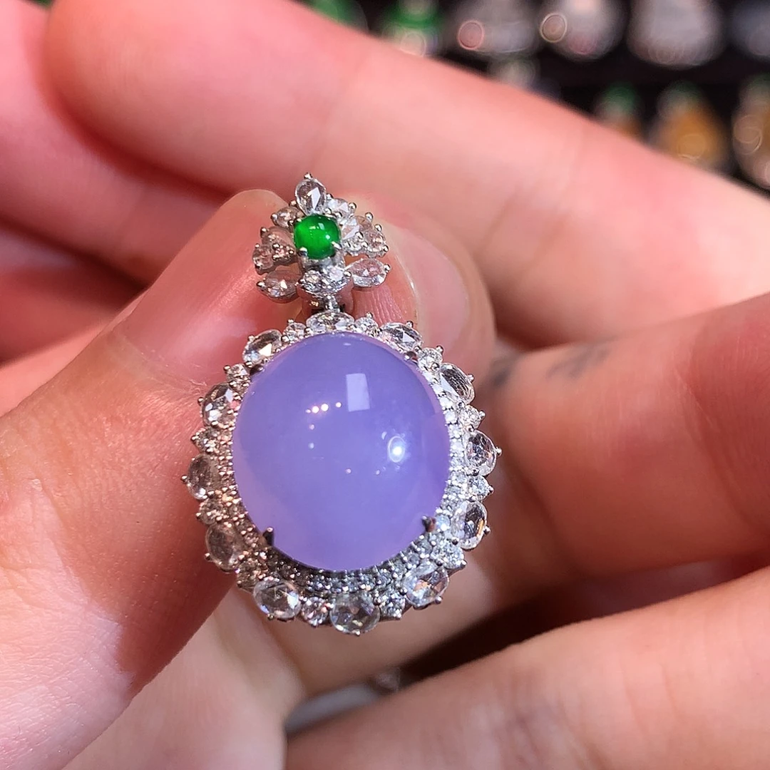 翡翠18K金镶嵌吊坠(赠链)高冰紫罗兰蛋面吊坠