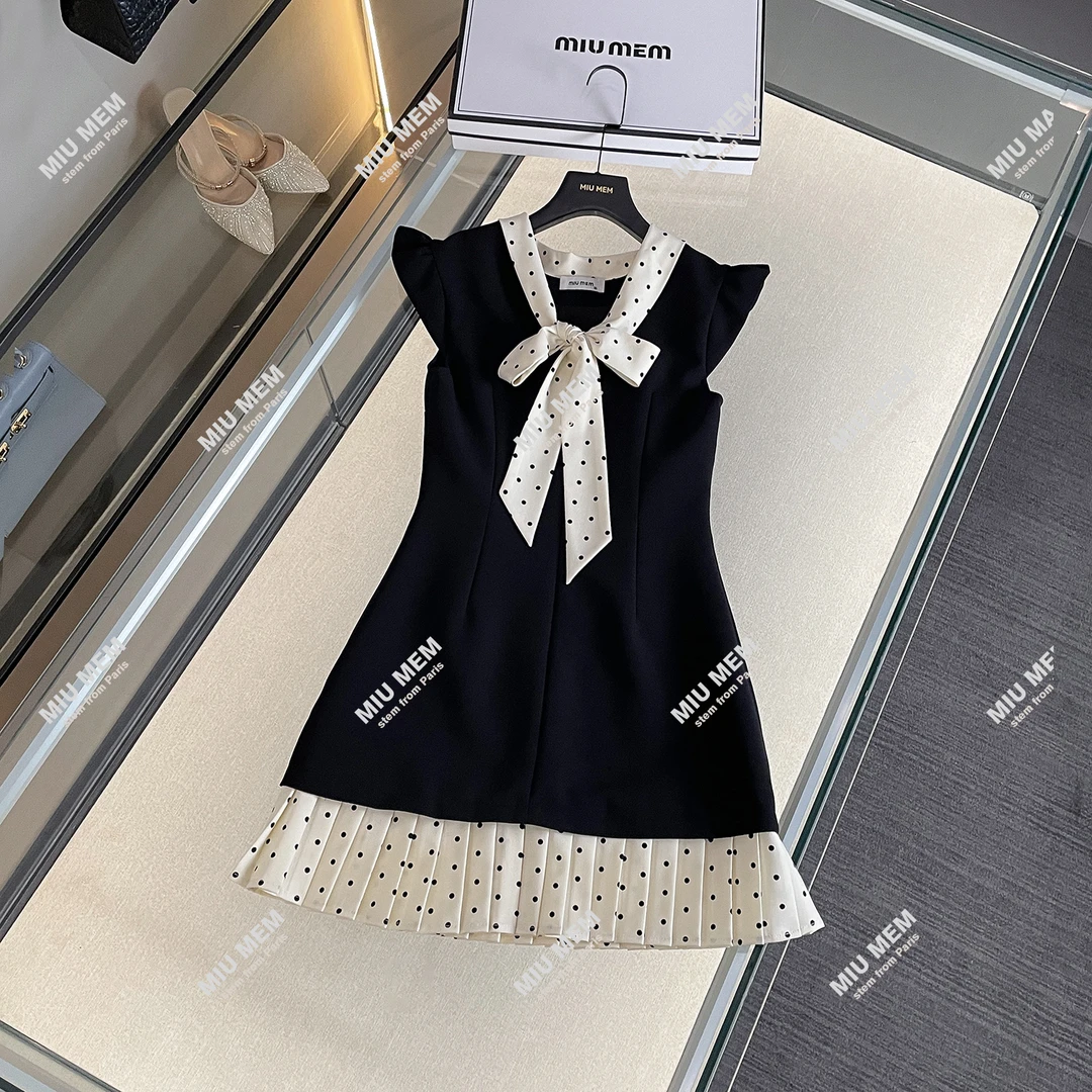 现货 夏季款淑女针织拼接蝴蝶结系带黑色连衣裙DY6639