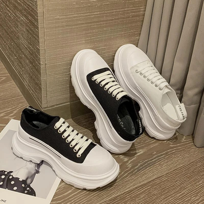 潮麦昆帆布鞋女春季新款松糕厚底增高小白鞋休闲鞋运动老爹鞋