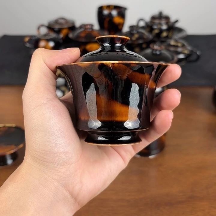 瓷玳瑁釉二才马蹄盖碗