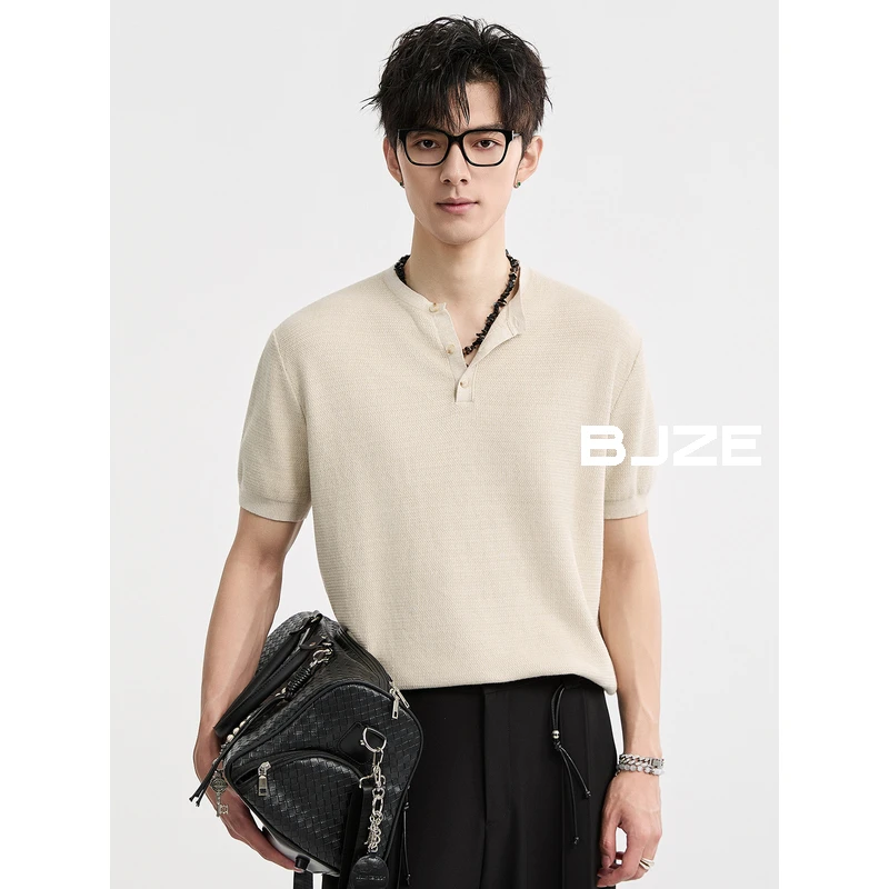 BJZE男装夏季圆领针织polo简约T恤亨利领时尚百搭冰丝短袖T521350