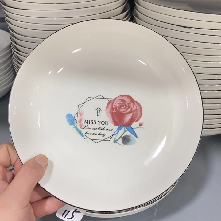 陶摆件115号4个装8英寸黑边红玫瑰深圆盘