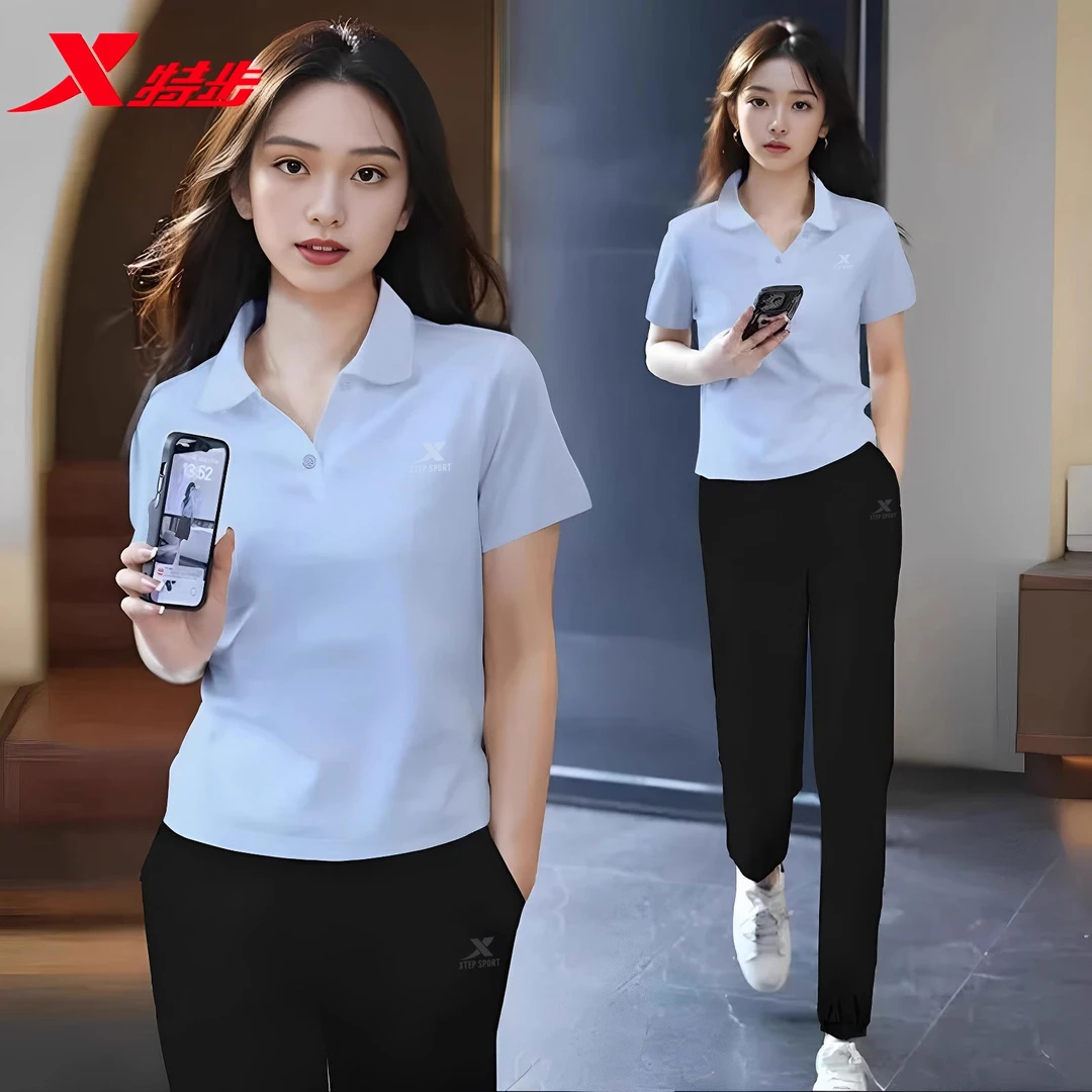特步运动套装女士夏季2025新款polo衫短袖透气速干显瘦百搭两件套