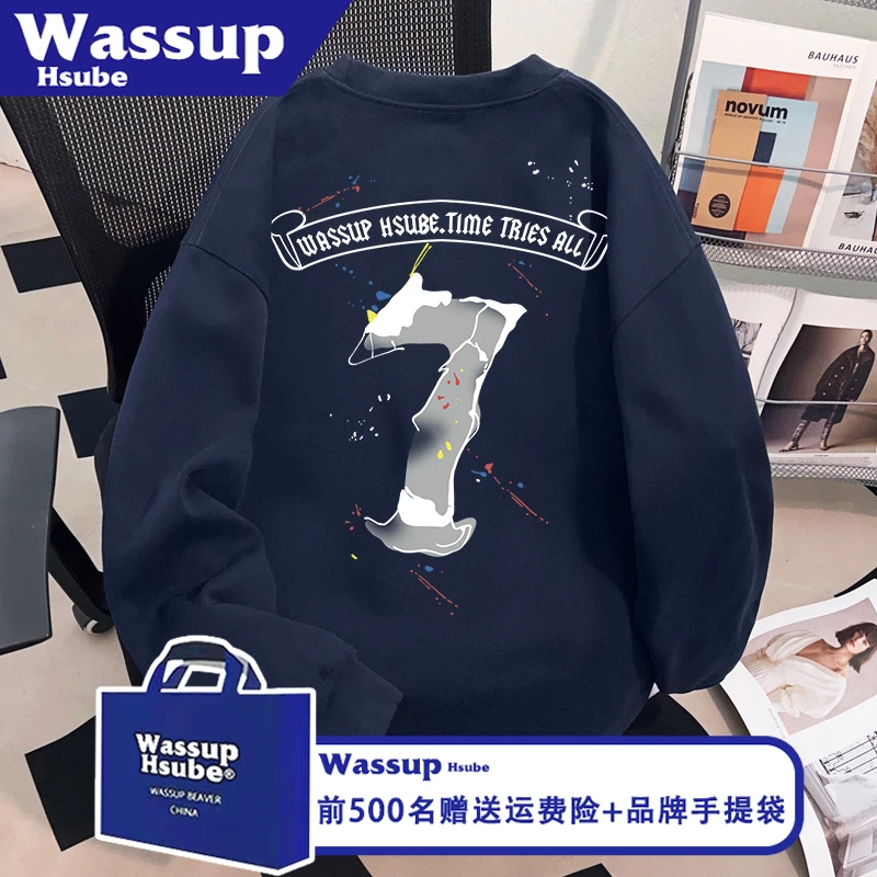 WASSUP HSUBE数字字母印花T恤秋100%棉圆领长袖ins男女藏青色上衣